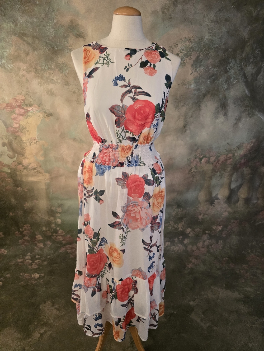 A. Calin Ivory Floral Maxi Bohemian Dress High Neck Tiered Ruffled Hem  S